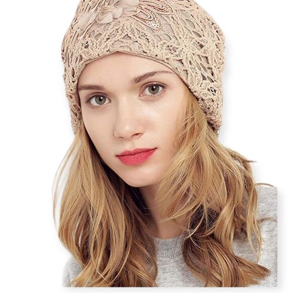 Tan Floral Lace Sequin Lightweight Lined Beanies Cap - NEW - Picture 3 of 4